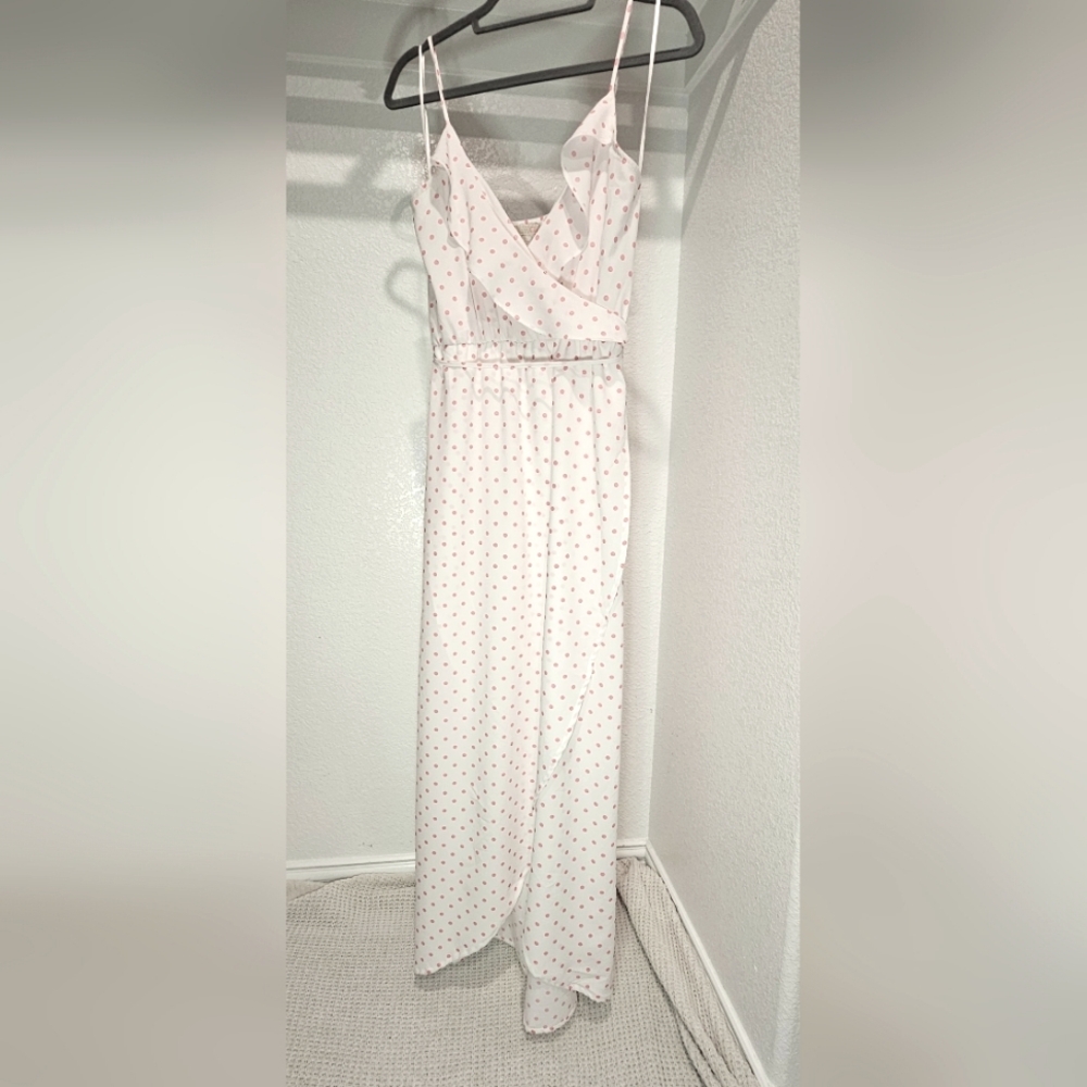 GB Polkadot Spaghetti Strap Flutter-top Front-slit Maxi Dress Size Large